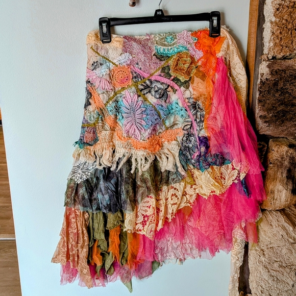 Boho layer multicolor gypsy lace tulle floral embellished knee skirt wrap S M - Picture 3 of 5